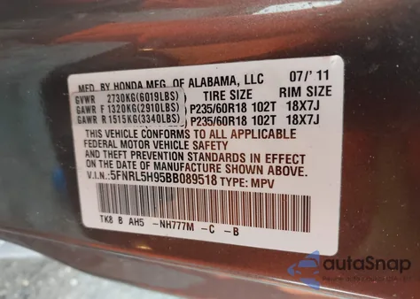 2011 Honda Odyssey Touring/Touring Elite z USA, uszkodzony, nr VIN 5FNRL5H95BB089518